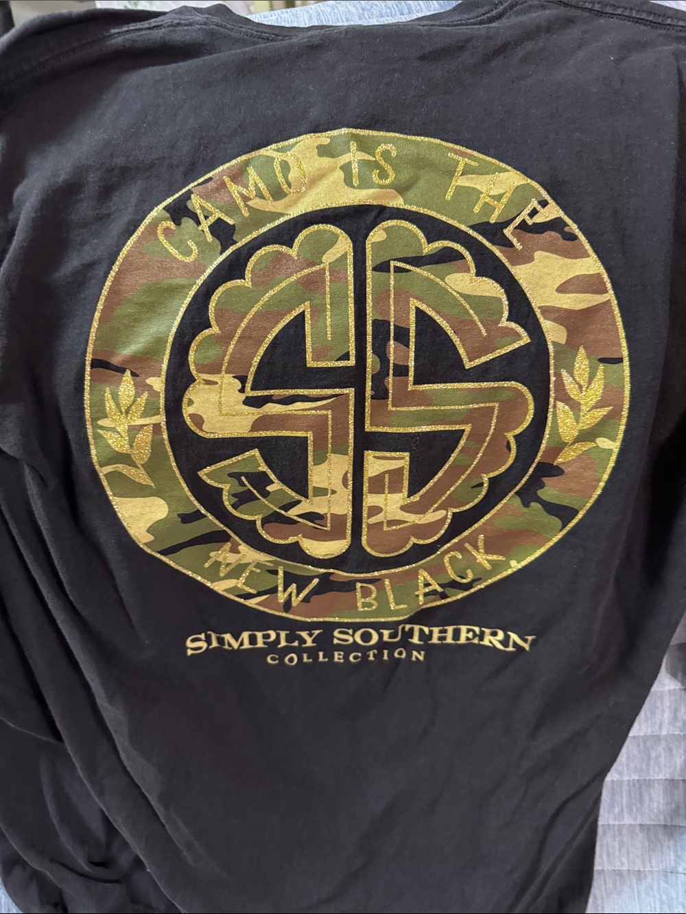 Simply Southern Black Long Sleeve Tee with Camo and Gold Logo